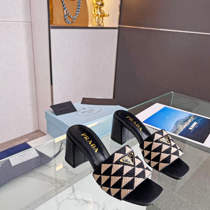 PRA EMBROIDERED SLIDES 65 BLACK AND BEIGE FABRIC