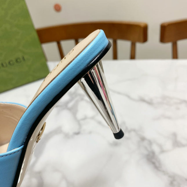 GG HIGH HEELS BLONDIE 75 IN SKY BLUE LAMBSKIN WITH GOLD HARDWARE