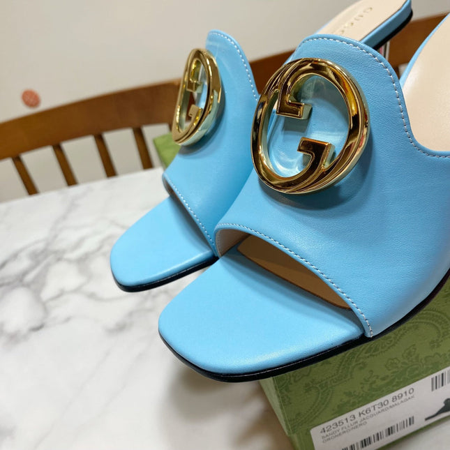 GG HIGH HEELS BLONDIE 75 IN SKY BLUE LAMBSKIN WITH GOLD HARDWARE