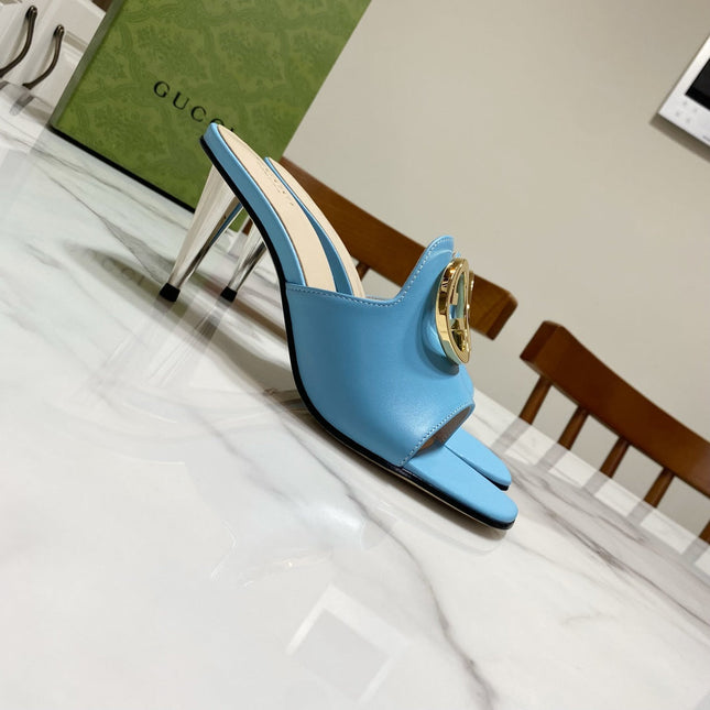 GG HIGH HEELS BLONDIE 75 IN SKY BLUE LAMBSKIN WITH GOLD HARDWARE