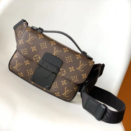 LV 25S S LOCK MESSENGER BAG 21 IN BLACK AND BROWN MONOGRAM MACASSAR CALFSKIN
