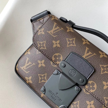 LV 25S S LOCK MESSENGER BAG 21 IN BLACK AND BROWN MONOGRAM MACASSAR CALFSKIN