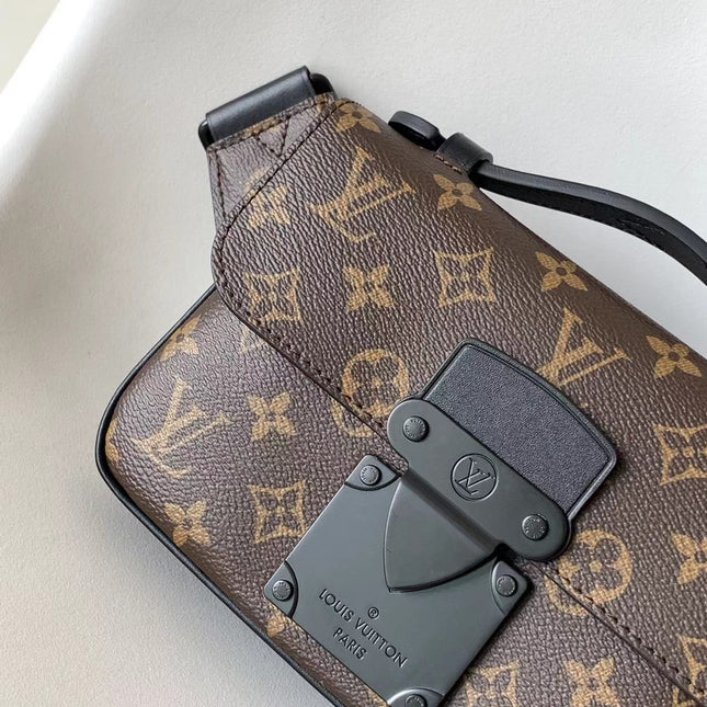 LV 25S S LOCK MESSENGER BAG 21 IN BLACK AND BROWN MONOGRAM MACASSAR CALFSKIN