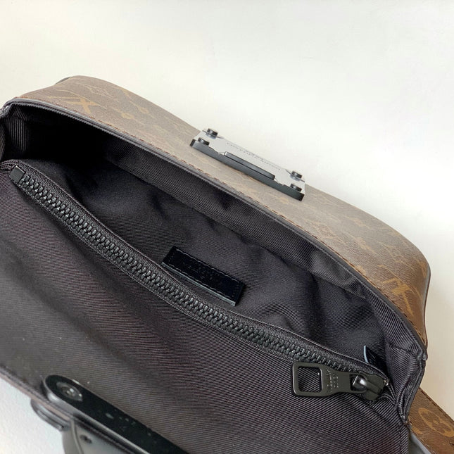 LV 25S S LOCK MESSENGER BAG 21 IN BLACK AND BROWN MONOGRAM MACASSAR CALFSKIN