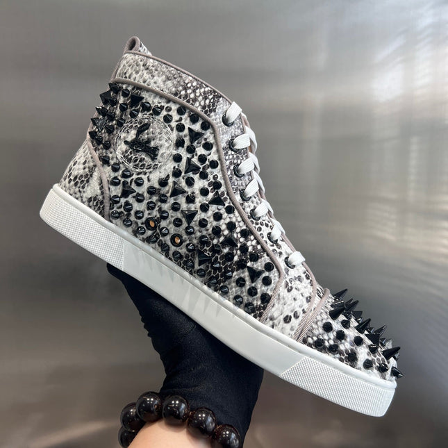 SPIKE STUDDED HIGH-TOP SNEAKERS IN WHITE MIX BLACK CALFSKIN