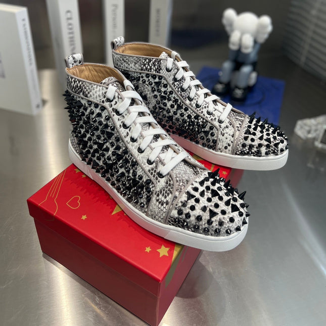 SPIKE STUDDED HIGH-TOP SNEAKERS IN WHITE MIX BLACK CALFSKIN