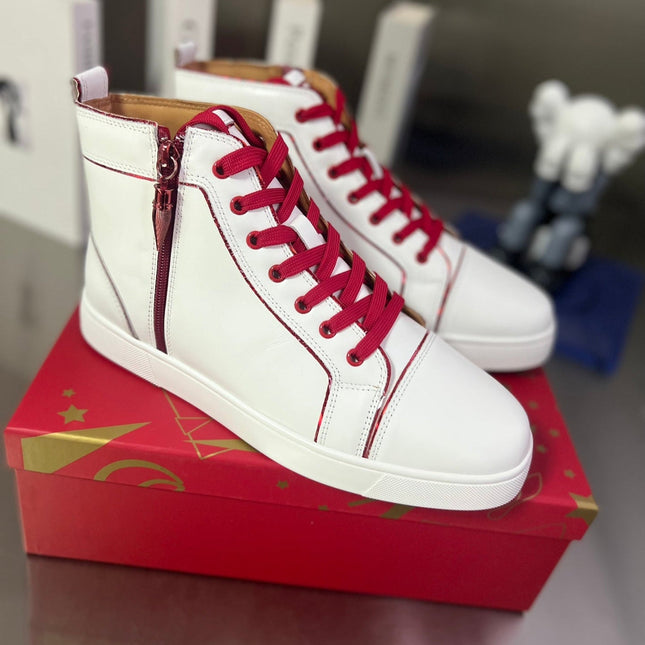 FUNNYTO SIDE ZIPPER HIGH-TOP SNEAKERS IN WHITE MIX RED CALFSKIN