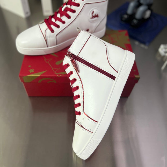 FUNNYTO SIDE ZIPPER HIGH-TOP SNEAKERS IN WHITE MIX RED CALFSKIN