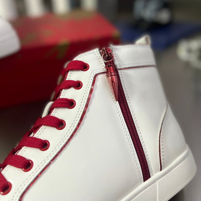 FUNNYTO SIDE ZIPPER HIGH-TOP SNEAKERS IN WHITE MIX RED CALFSKIN