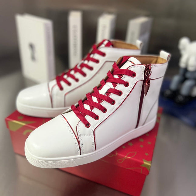 FUNNYTO SIDE ZIPPER HIGH-TOP SNEAKERS IN WHITE MIX RED CALFSKIN