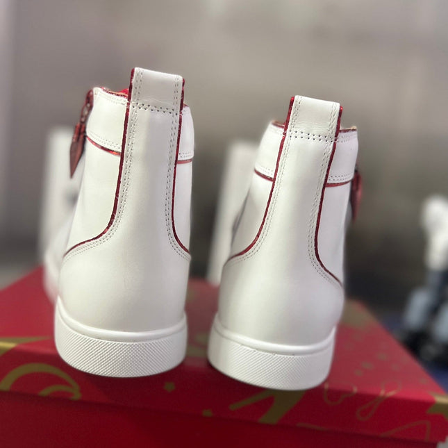 FUNNYTO SIDE ZIPPER HIGH-TOP SNEAKERS IN WHITE MIX RED CALFSKIN