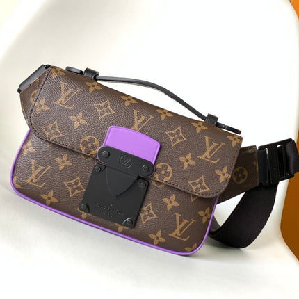LV 25S S LOCK MESSENGER BAG 21 IN PURPLE AND BROWN MONOGRAM MACASSAR CANVAS