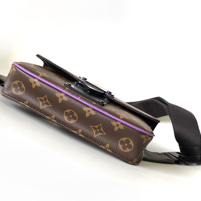 LV 25S S LOCK MESSENGER BAG 21 IN PURPLE AND BROWN MONOGRAM MACASSAR CANVAS