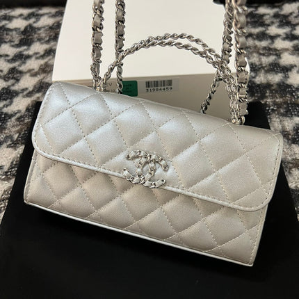 CC KELLY 18 BAG IN SILVER CALFSKIN WITH STRAP