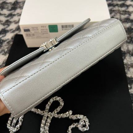 CC KELLY 18 BAG IN SILVER CALFSKIN WITH STRAP