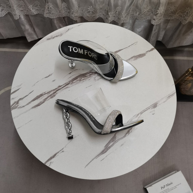 CRYSTAL HIGH HEEL MULE 10 CM IN SILVER LAMBSKIN