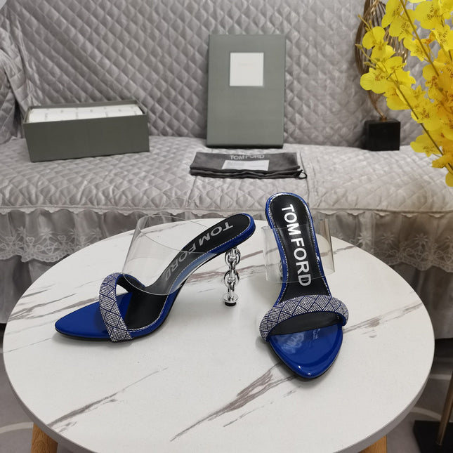 CRYSTAL HIGH HEEL MULE 10 CM IN NAVY BLUE LAMBSKIN