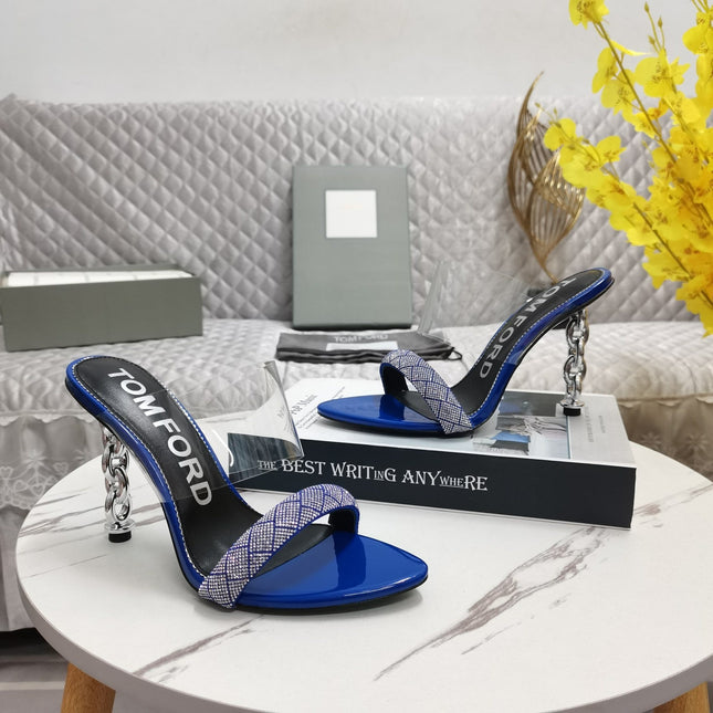 CRYSTAL HIGH HEEL MULE 10 CM IN NAVY BLUE LAMBSKIN