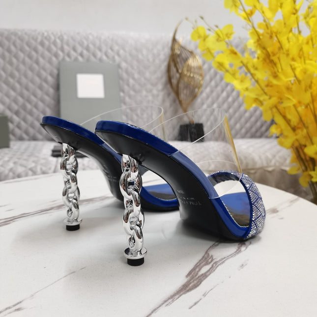 CRYSTAL HIGH HEEL MULE 10 CM IN NAVY BLUE LAMBSKIN