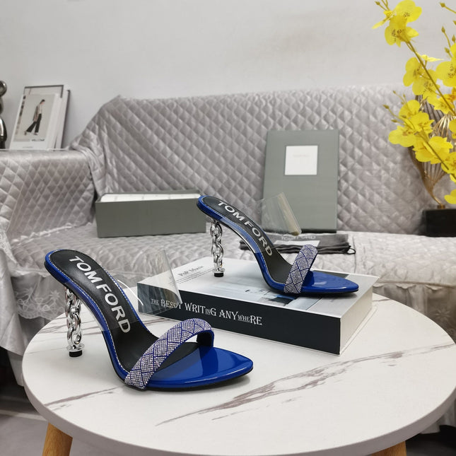 CRYSTAL HIGH HEEL MULE 10 CM IN NAVY BLUE LAMBSKIN