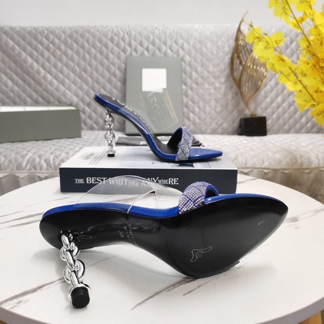 CRYSTAL HIGH HEEL MULE 10 CM IN NAVY BLUE LAMBSKIN