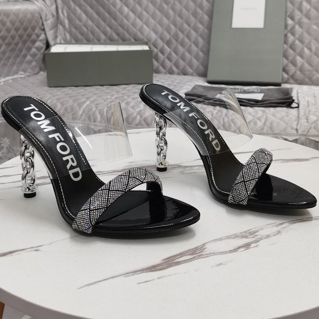 CRYSTAL HIGH HEEL MULE 10 CM IN BLACK LAMBSKIN