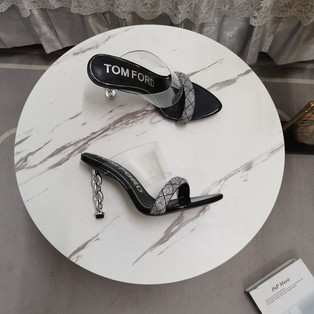 CRYSTAL HIGH HEEL MULE 10 CM IN BLACK LAMBSKIN