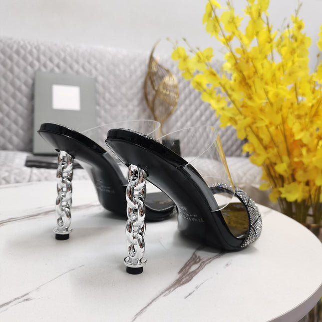 CRYSTAL HIGH HEEL MULE 10 CM IN BLACK LAMBSKIN