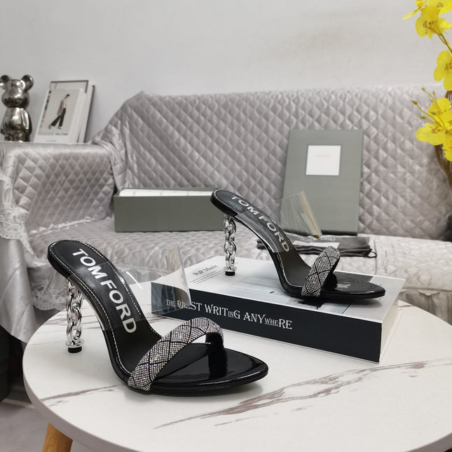 CRYSTAL HIGH HEEL MULE 10 CM IN BLACK LAMBSKIN