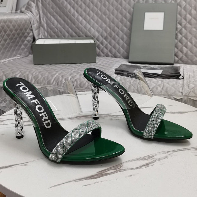 CRYSTAL HIGH HEEL MULE 10 CM IN GREEN FOREST LAMBSKIN