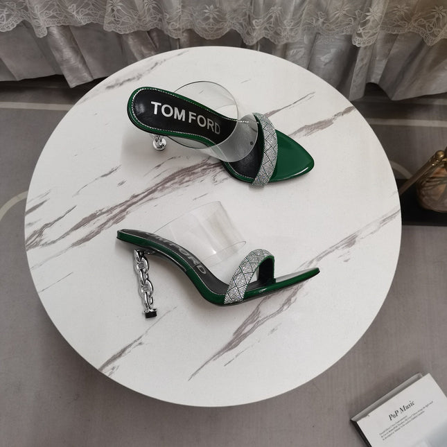 CRYSTAL HIGH HEEL MULE 10 CM IN GREEN FOREST LAMBSKIN