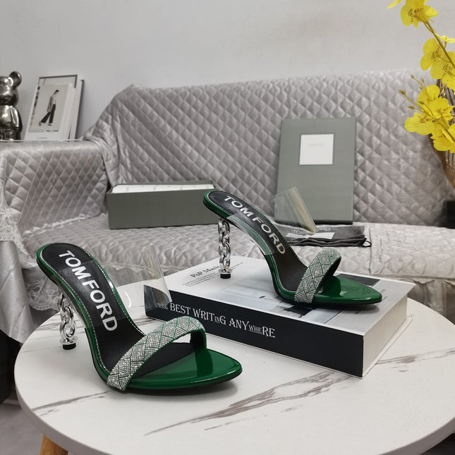 CRYSTAL HIGH HEEL MULE 10 CM IN GREEN FOREST LAMBSKIN