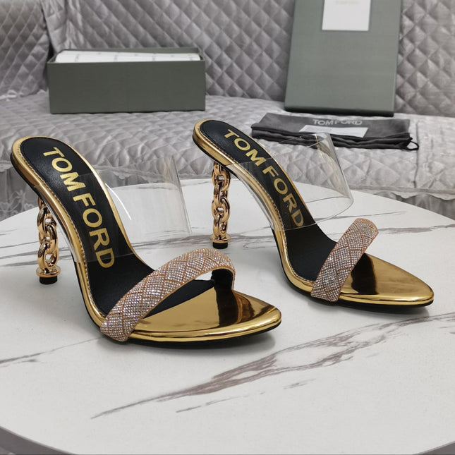 CRYSTAL HIGH HEEL MULE 10 CM IN GOLD LAMBSKIN