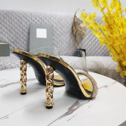 CRYSTAL HIGH HEEL MULE 10 CM IN GOLD LAMBSKIN