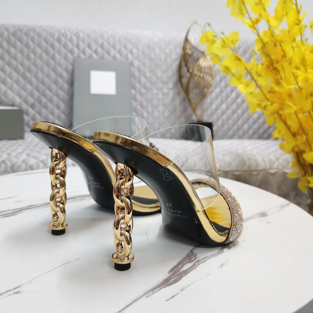 CRYSTAL HIGH HEEL MULE 10 CM IN GOLD LAMBSKIN