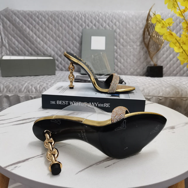 CRYSTAL HIGH HEEL MULE 10 CM IN GOLD LAMBSKIN