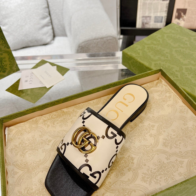 GG EXCLUSIVE SLIDE SANDAL BLACK AND CREAM CALFSKIN