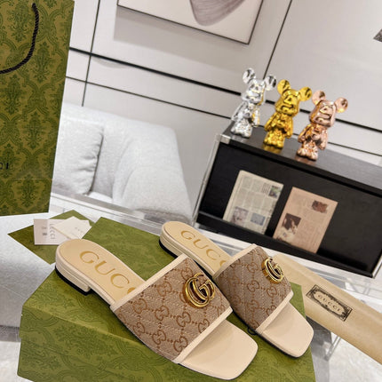 GG EXCLUSIVE SLIDE SANDAL IVORY AND BROWN FABRIC