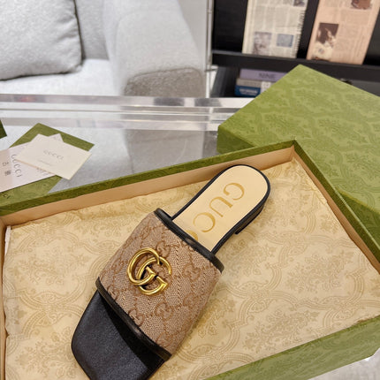 GG EXCLUSIVE SLIDE SANDAL BLACK AND BROWN FABRIC