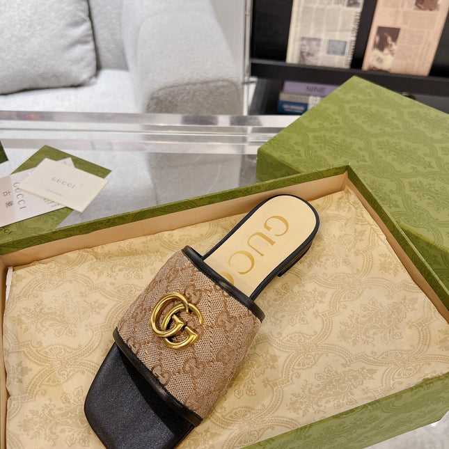 GG EXCLUSIVE SLIDE SANDAL BLACK AND BROWN FABRIC