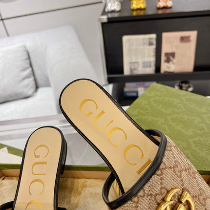 GG EXCLUSIVE SLIDE SANDAL BLACK AND BROWN FABRIC