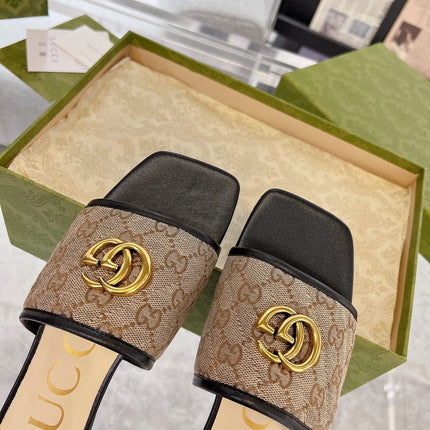 GG EXCLUSIVE SLIDE SANDAL BLACK AND BROWN FABRIC