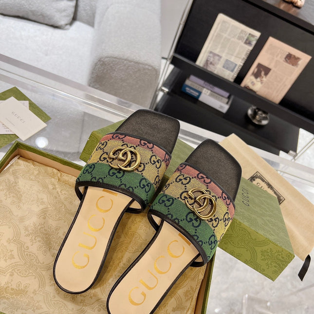 GG EXCLUSIVE SLIDE SANDAL BLACK AND CREAM FABRIC