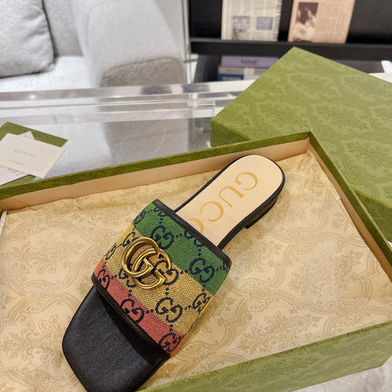 GG EXCLUSIVE SLIDE SANDAL BLACK AND CREAM FABRIC