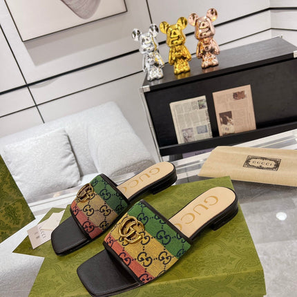 GG EXCLUSIVE SLIDE SANDAL BLACK AND CREAM FABRIC