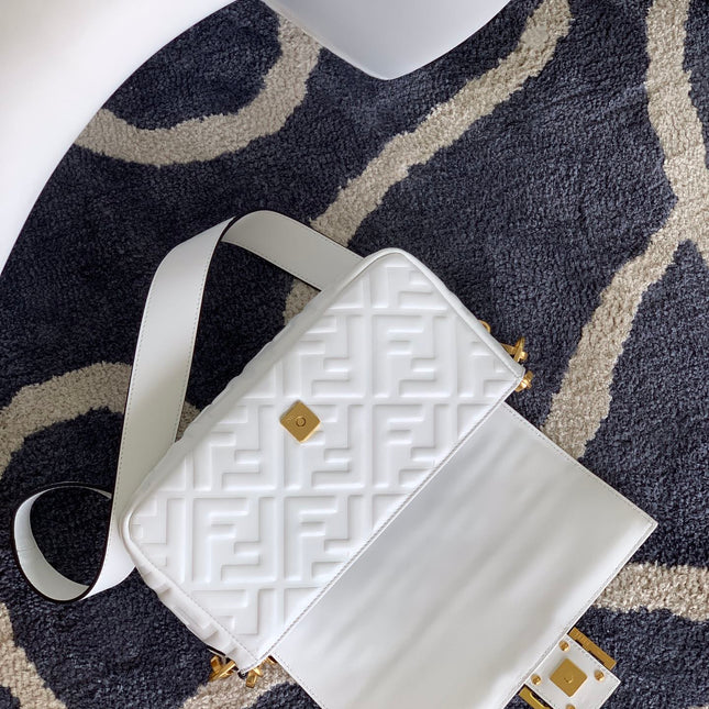 Fend Baguette 27 Bag With FF Motif White Leather Ghw