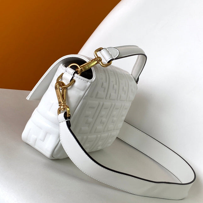 Fend Baguette 27 Bag With FF Motif White Leather Ghw