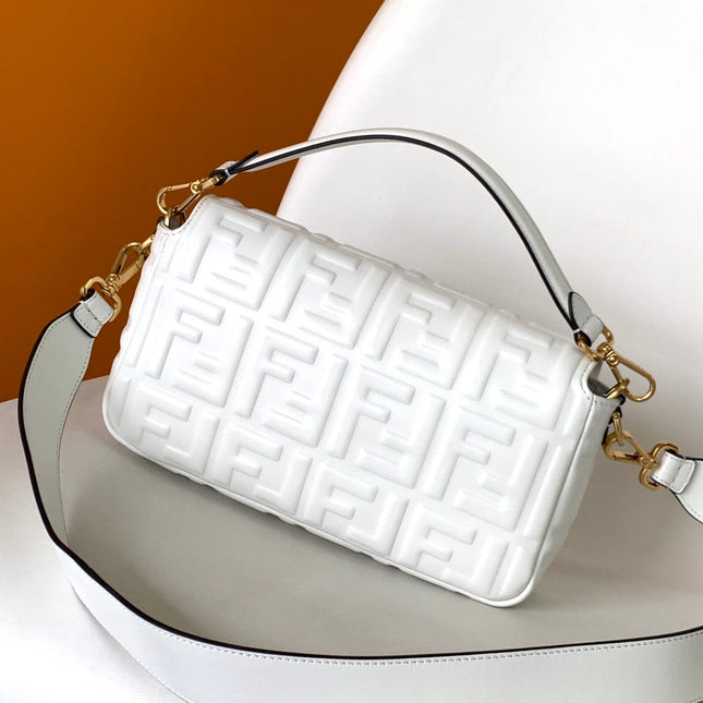 Fend Baguette 27 Bag With FF Motif White Leather Ghw