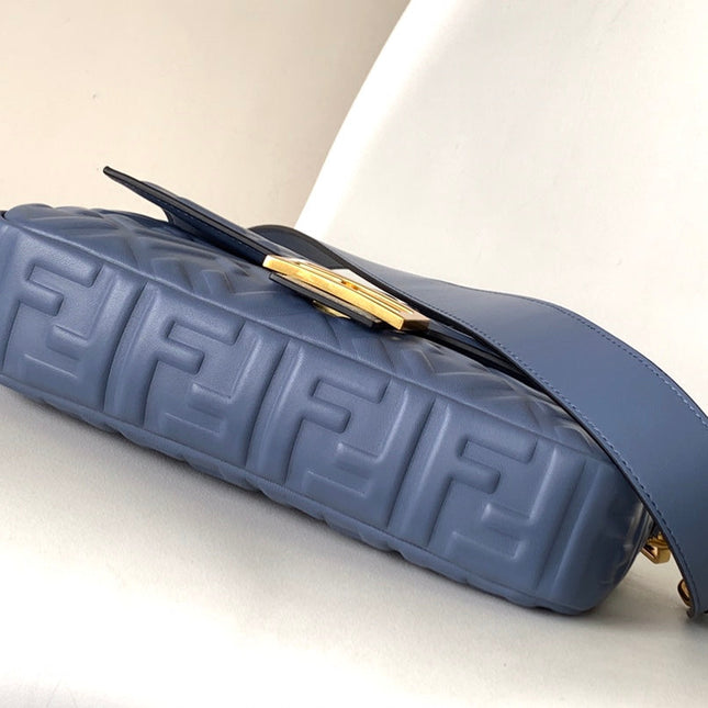 Fend Baguette 27 Bag With FF Motif Blue Leather Ghw