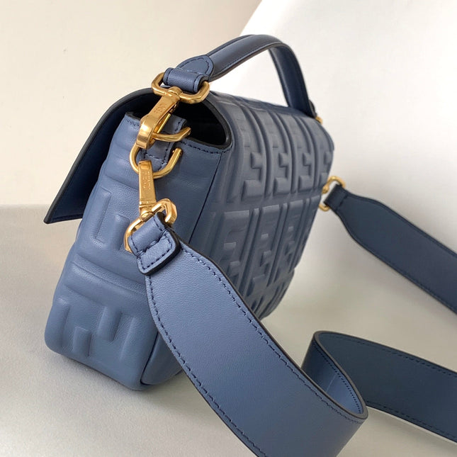 Fend Baguette 27 Bag With FF Motif Blue Leather Ghw
